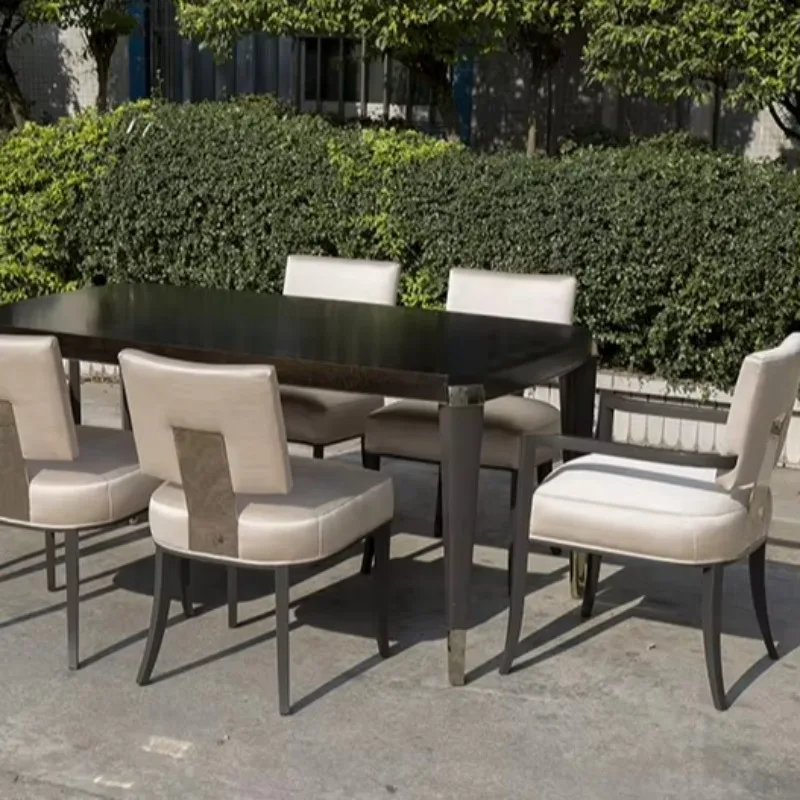 Modern American Style Solid Wood Dining Table and Chair Set Silk Upholstered Armrest Dining Chair Home Dining Room Furniture Set