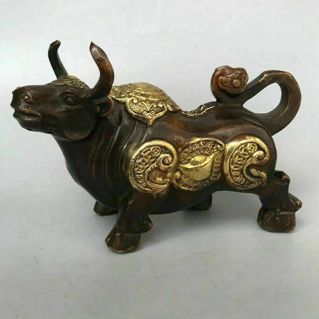 Chinese Copper Gilded Handmade Carved Exquisite Yuan Bao cattle Statue 22217