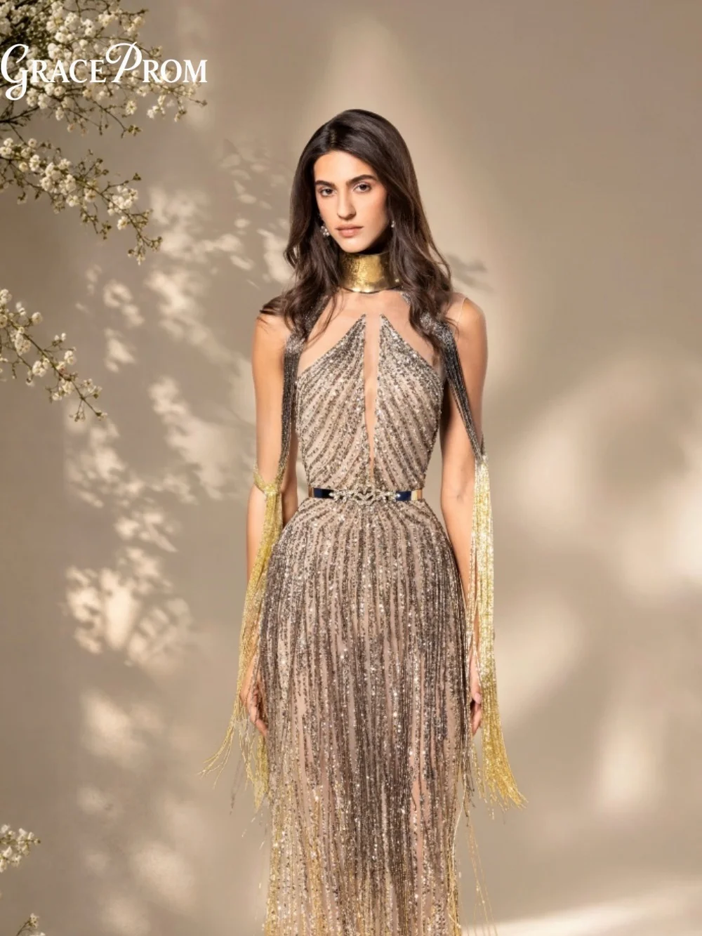 Elegant Halter Deep V Gradient Beaded Fringe Sheer Evening Gown 2027 Party Dress Wedding Guests فساتين سهرة Formal Prom Dress