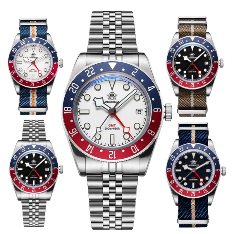 

ADDIESDIVE 39mm GMT Watch Quartz Watches Blue Super Luminous Bubble Mirror Glass BGW9 Super Luminous 20Bar Men's Fashion Watch