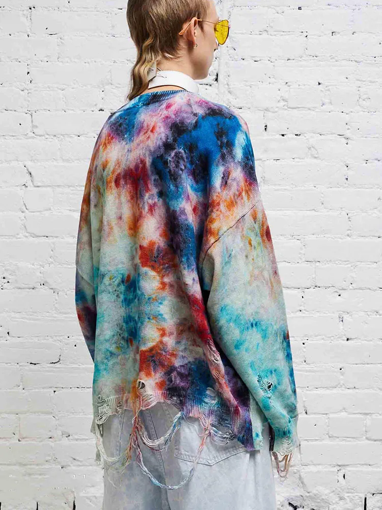 fall and winter rainbow tie-dye print torn loose pullover women2023korean fashion loose casual women\'s cold sweaters for winter