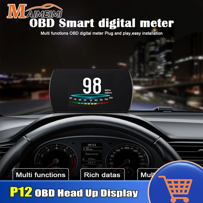 Car Head Up Display P12 HUD OBD2 Digital Projector On-Board Computer RPM Alarm Speedometer Water Temp Electronics Accessories