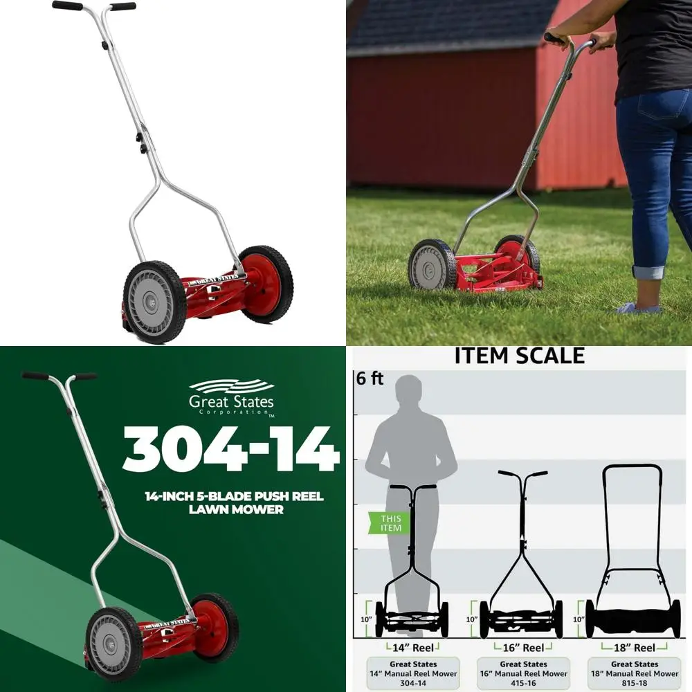 Great States 304-14 14-Inch 5-Blade Push Reel Lawn Mower, Red