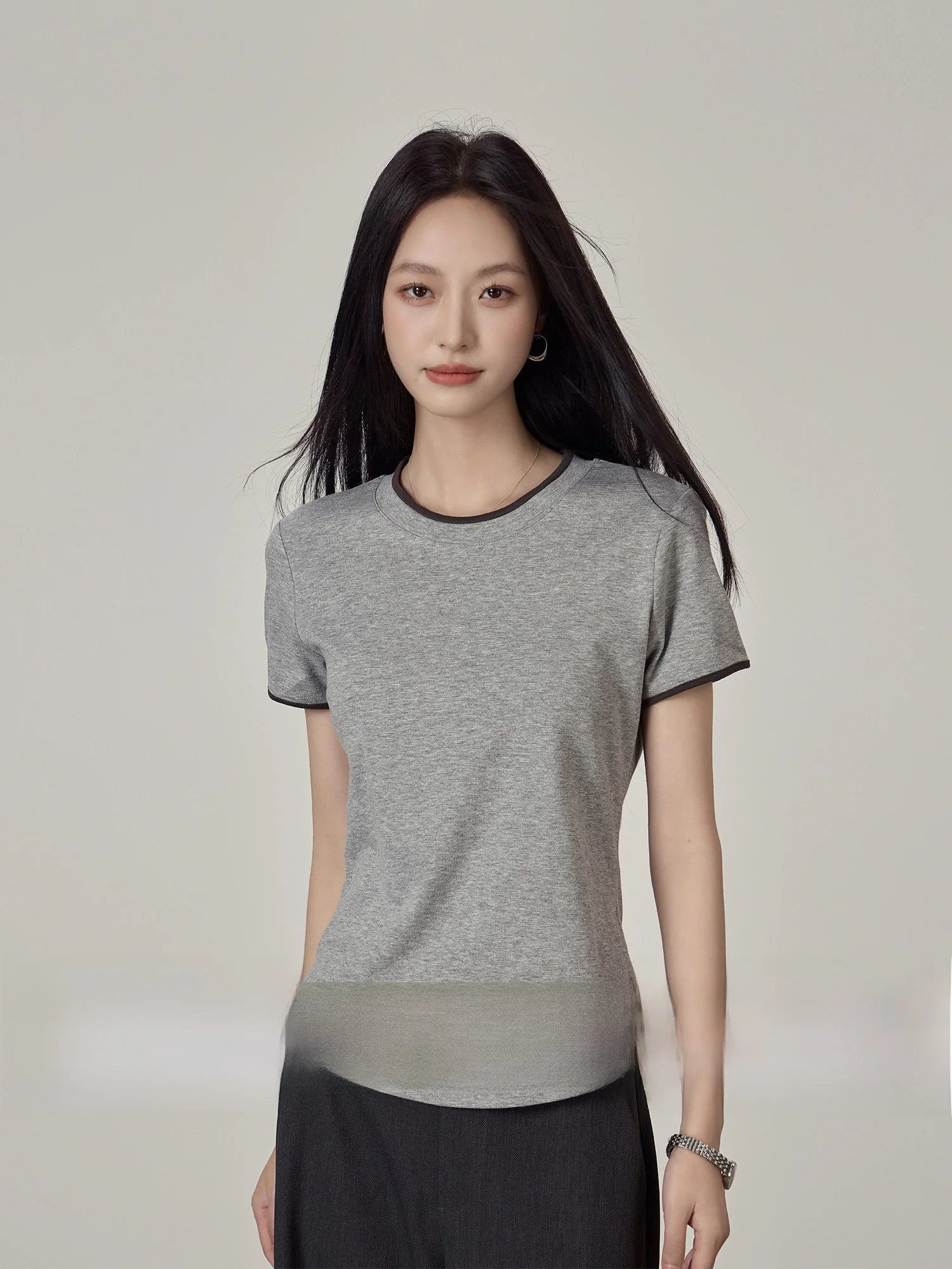 

Rising Shorty Summer T-Shirt Women's Loose Fit Short Sleeve round Neck Color Block Lyocell Silk Top Breathable Comfortable