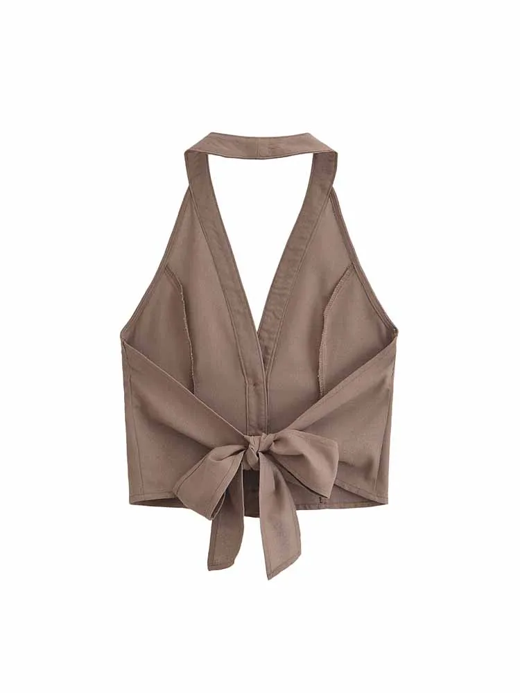 Women's 2024 new fashion backless bow decoration short hanging neck vest top retro sleeveless button up women's vest chic top