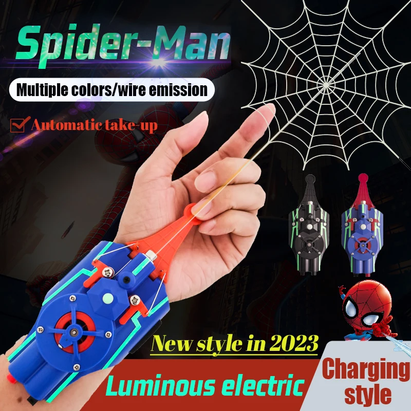 2023 Fully Automatic Peripheral Glowing Laser Spiderman Web Shooters Spider Silk Rope Device Cosplay Props Toy Christmas Gift