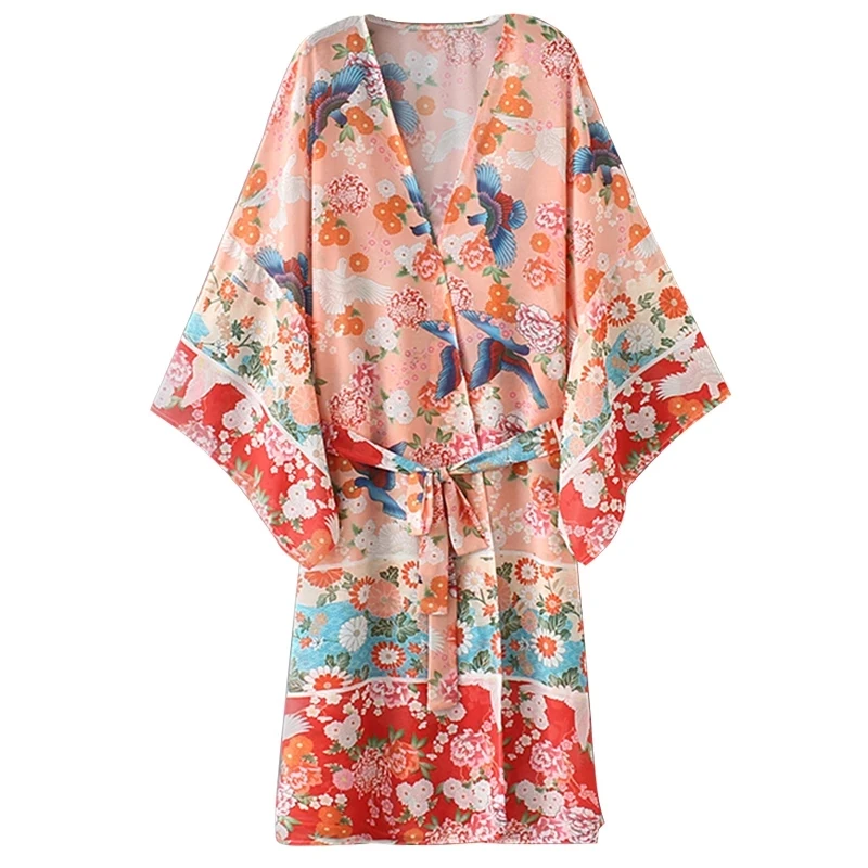 Floral Print Women\'s Bathrobe Summer Thin Chiffon Ladies Dressing Gown Loose Beach Wear Kimono With Sashes For Female 2024