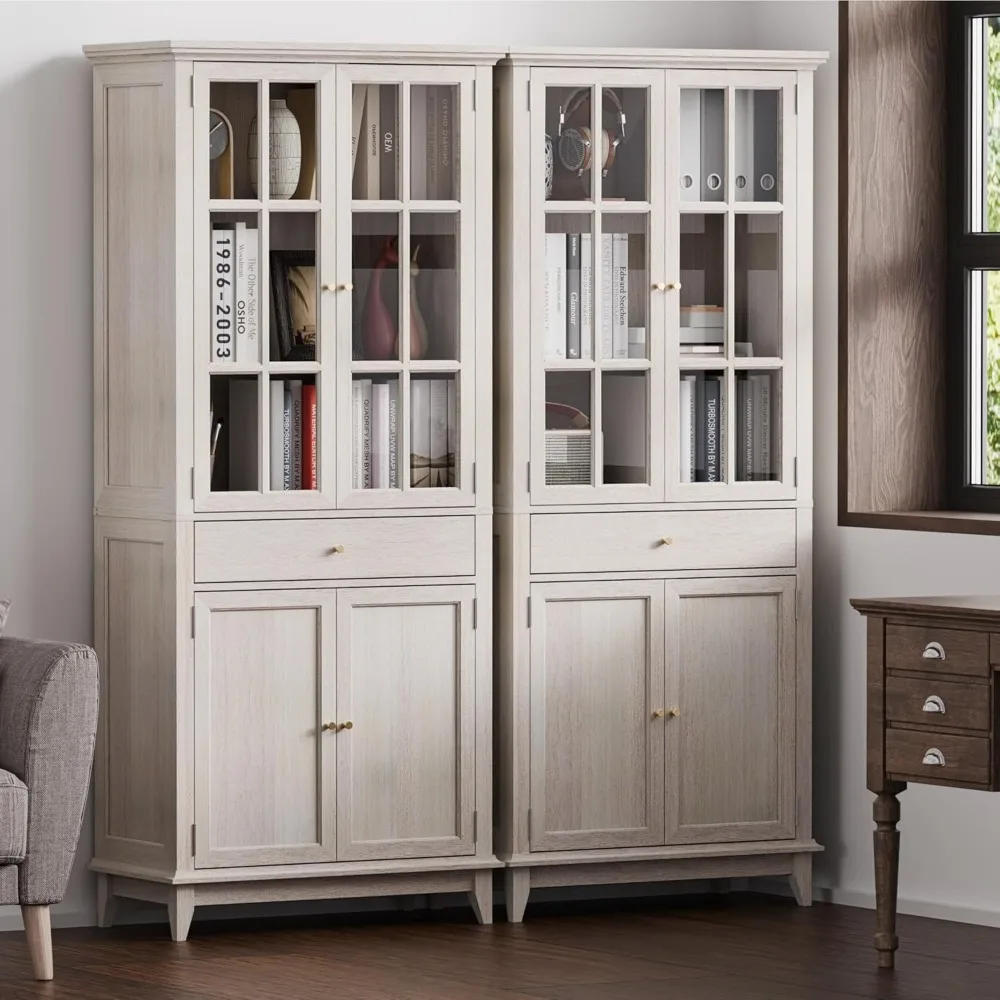 خزانة كتب من خشب البلوط الأبيض مقاس 72.8 بوصة مع أبواب وأدراج زجاجية - رف قابل للتعديل، تخزين كلاسيكي حديث لغرفة المعيشة والمكتب المنزلي (4 د) #3