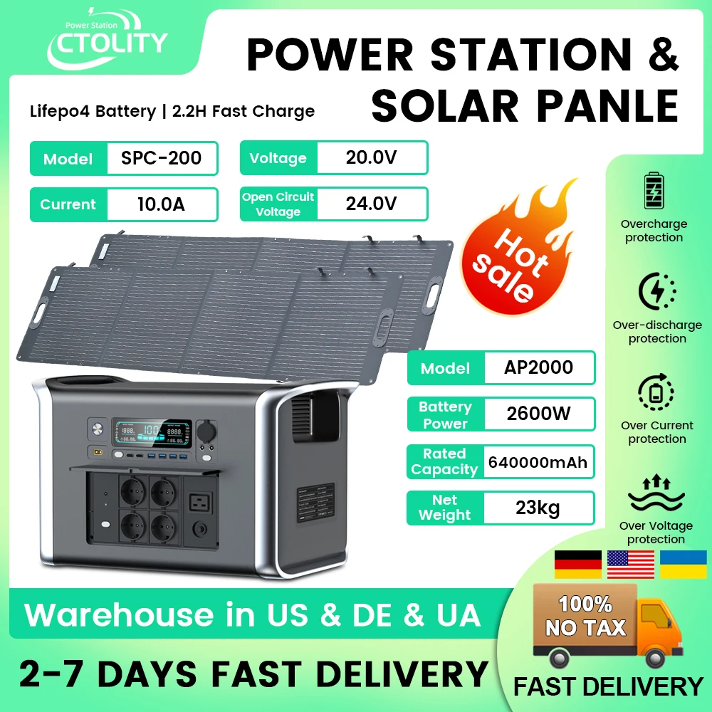 2600W Portable Powerstation 200W Solar Panel 2000W 640000mAh Lifepo4 Battery PowerBank Backup Electric Generator Supply Camping