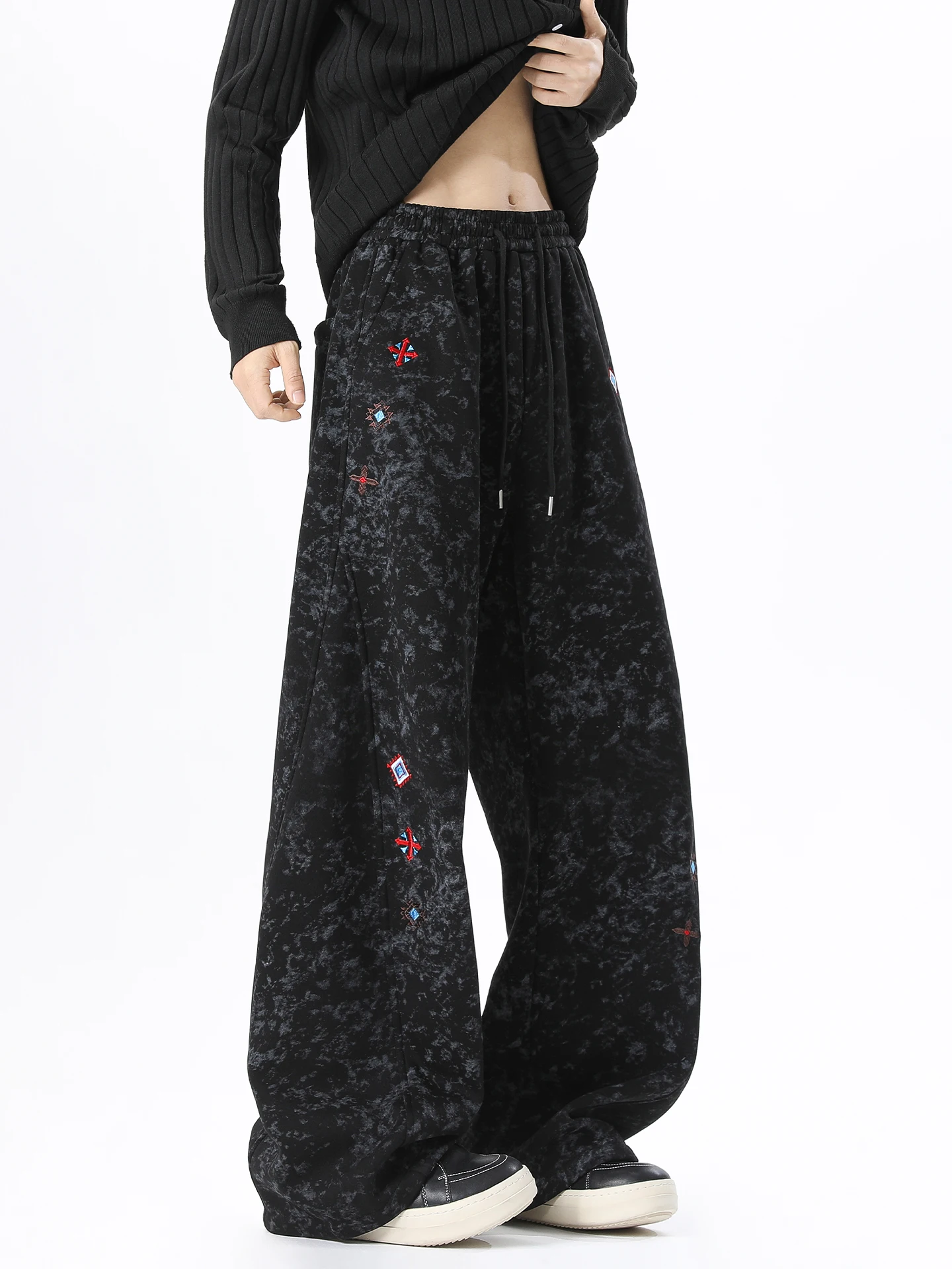 

Thiened Fce Dstring окрашенные широкие брюки с вышивкой, мужские повседневные прямые теплые брюки, осень-зима, свободный крой