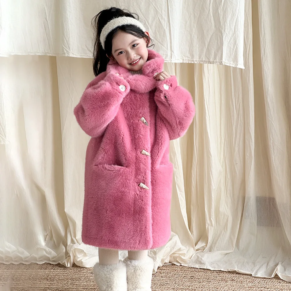 

Elegant Faux Mink Jacket Girl's Winter Clothes 2024 Long Wool Fur Coat Autumn Single Breasted Children Fashion Clothing