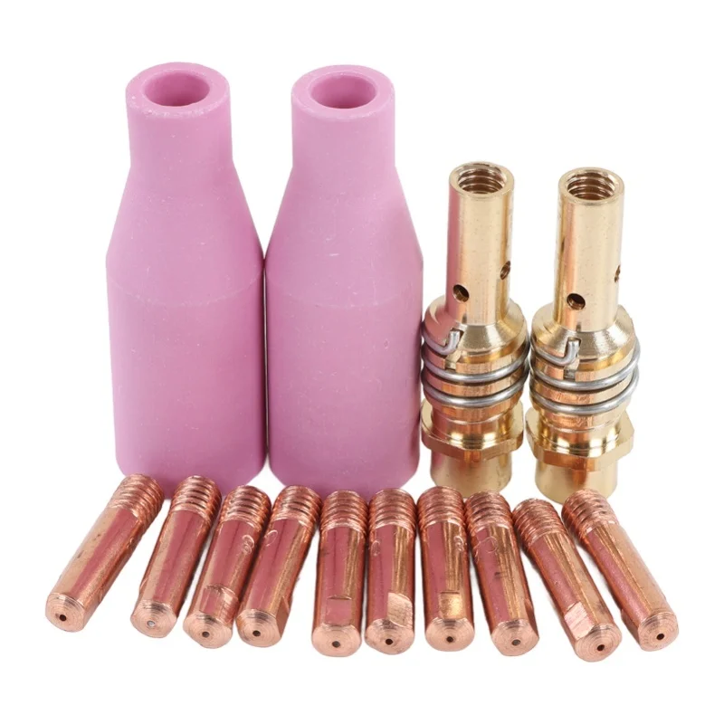 14Pcs MIG Welding Gun Accessories Kit Plasma Torch Ceramic Shield Cup Connecting Rod Contact Tip For 15AK