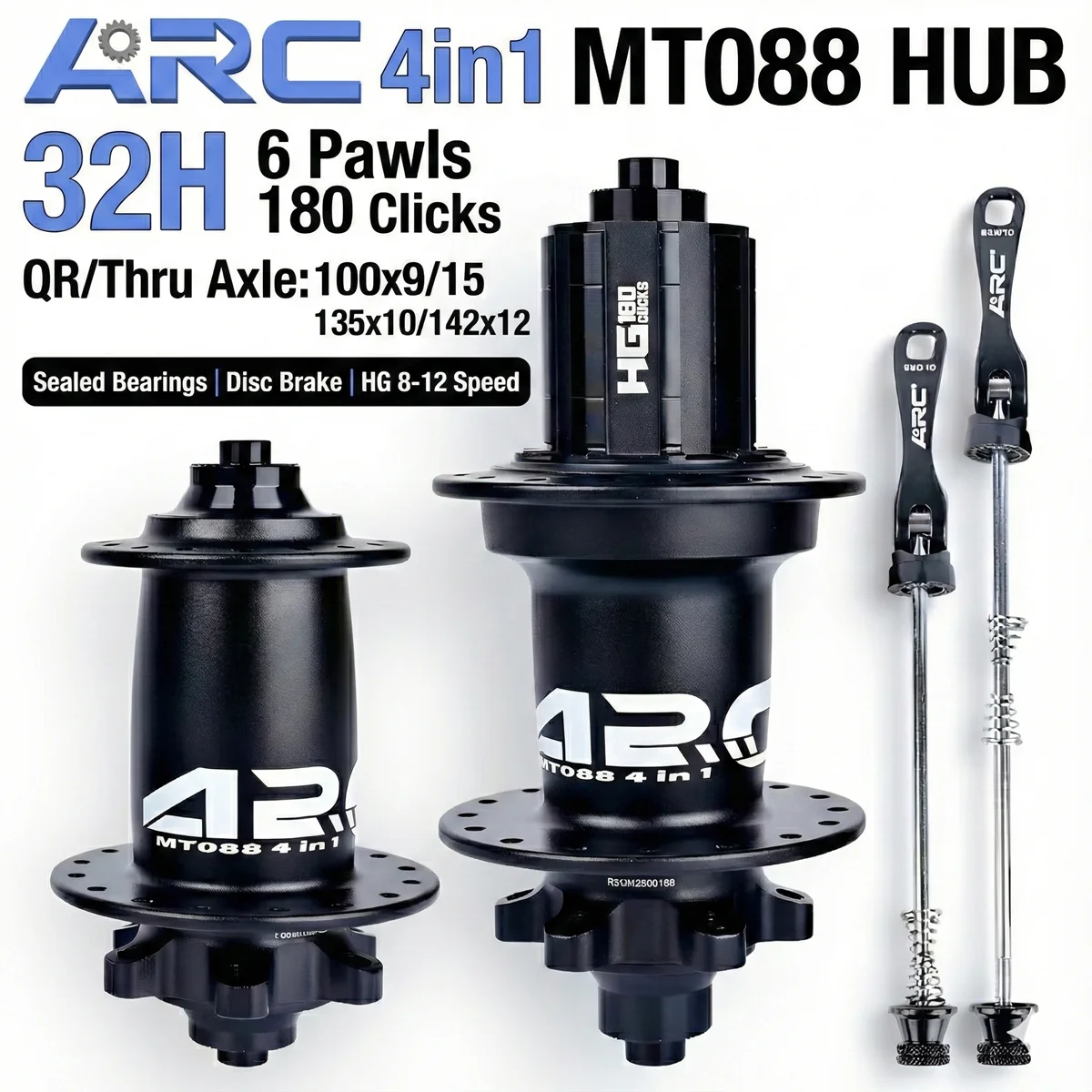 

ARC MT088 MTB Hub 32H 4 in 1 Mountain Bike Hubs 6 Pawls 180 Clicks Sealed Bearing QR Thru Axle 100x15 142x12 HG 8-12V