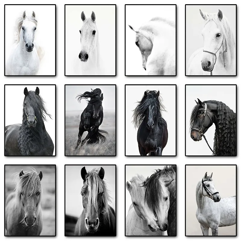 Black and White Horse Portrait Poster Print Canvas Painting Horses Running Animal Wall Art Picture for Farmhouse Room Home De