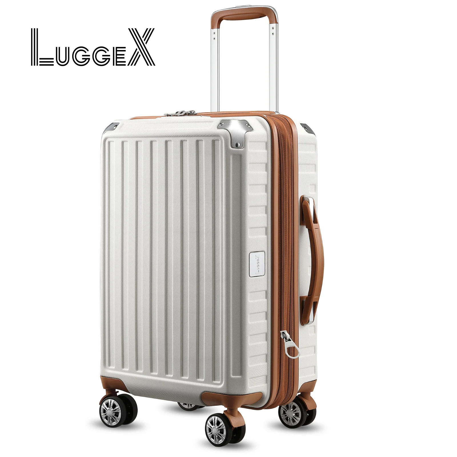 LUGGEX-Valises élaborées extensibles avec roues tournantes, bagages de cabine, approuvé par la compagnie aérienne, PC, blanc, marron, 20 po, 22x14x9