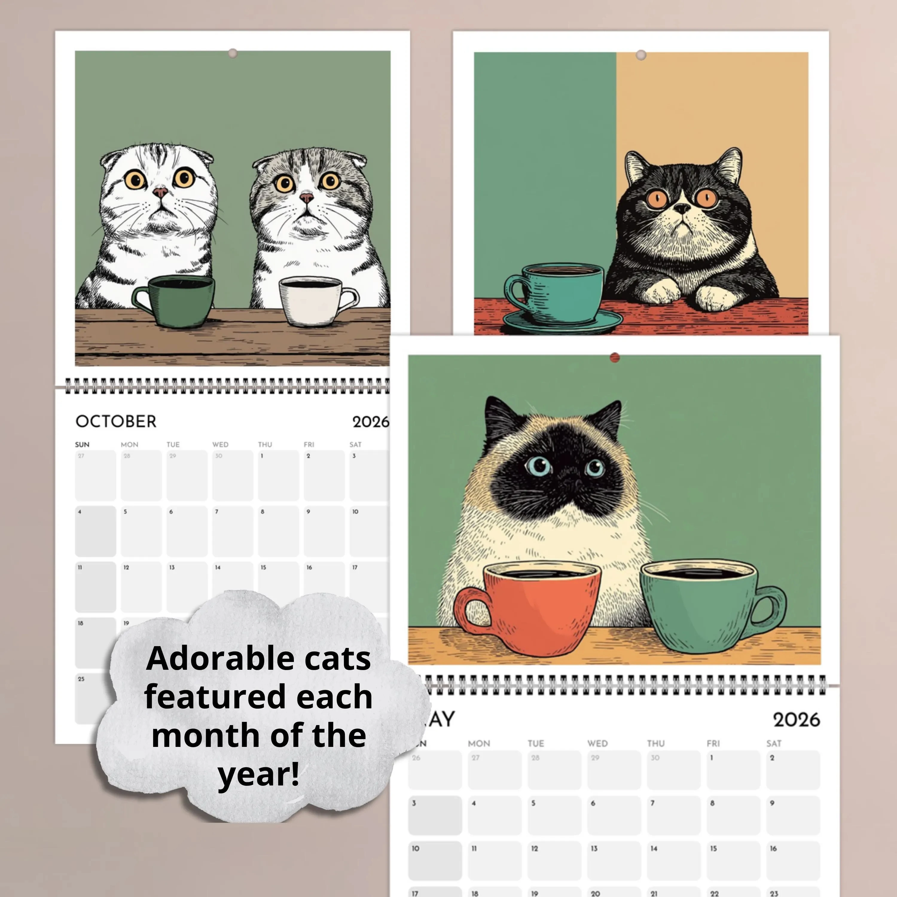 Calendrier mural 2026 mensuel à suspendre, motif chat, agenda familial mensuel sur 12 mois, pour la maison et le bureau