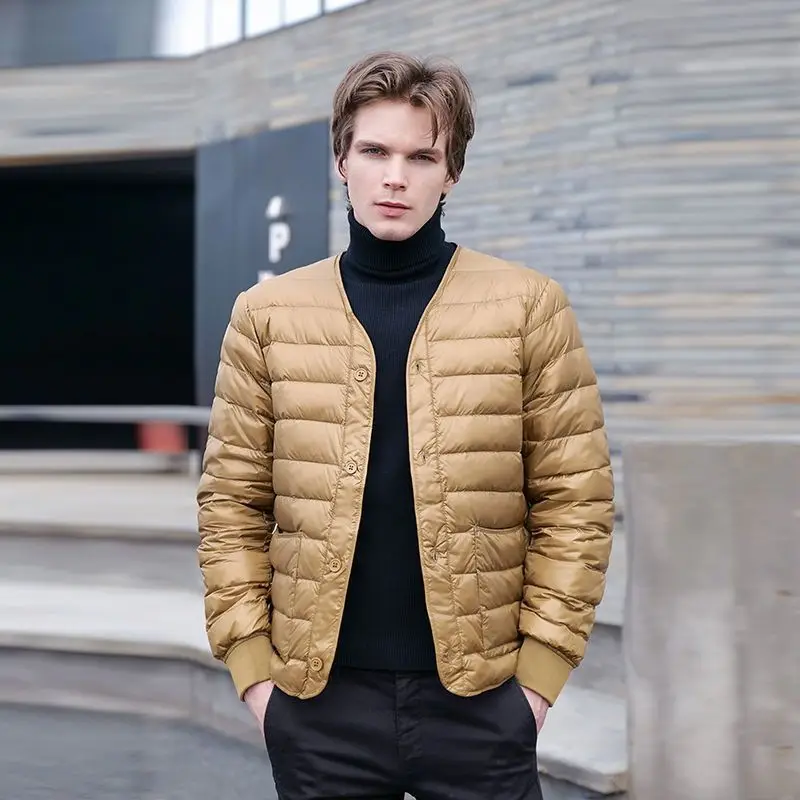 Men's Short Slim  White Duck Down Jackets Winter Lightweight Portable V-neck White Duck Down Inner Liner Outerwear JK-051