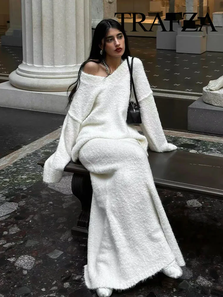 

TRAFZA Women Autumn 2-Piece Set Fashion V-Neck Long Sleeves Slim Knitted Pullover Top+Chic Elastic Waist Loose Casual Skirt