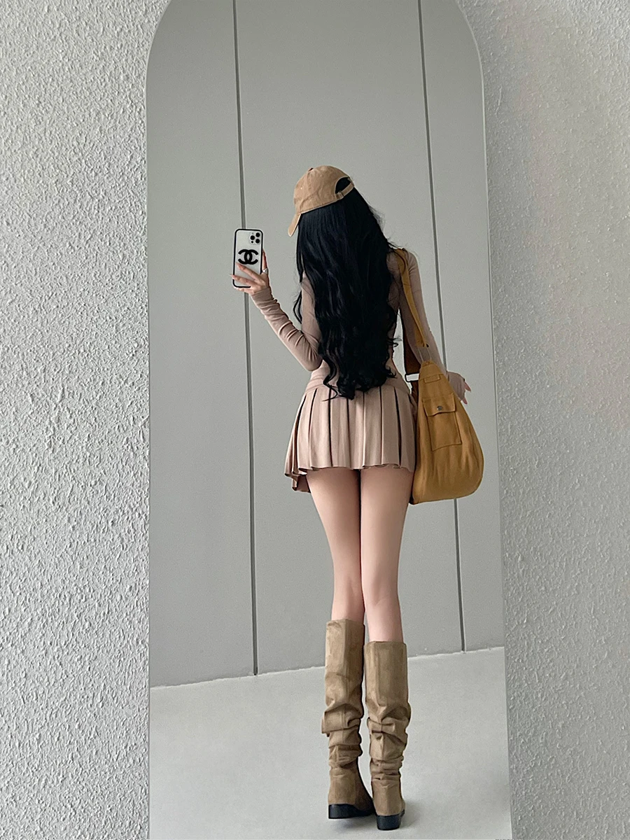 Sexy High-Waist  Skirt with Safety Pants Anti-Light Pure Desire Spicy Girl Half-length Pleated Short Skirt for Women