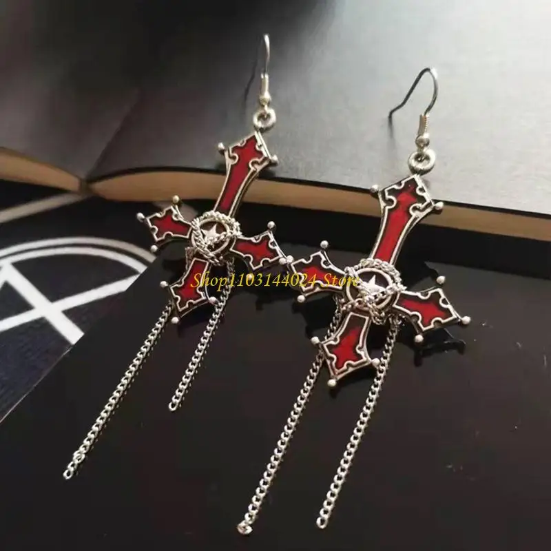 N5KE Bloody Skull Rose Inverted Cross-Pendant Earring Vintage Gothic Cross-Earring