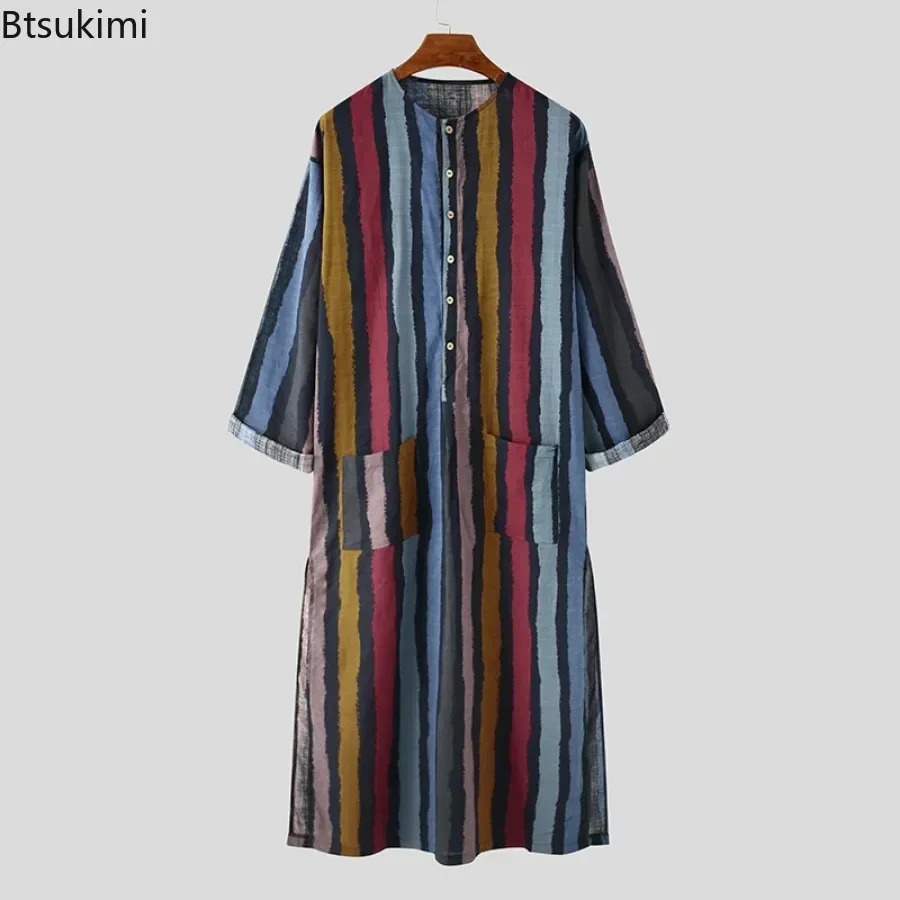 2026 Muslim Men Clothing Abaya Loose Casual Nightgowns Bathrobe Robe Kaftan Holiday Beach Long Robe Moroccan Kaftan Arabic Dress