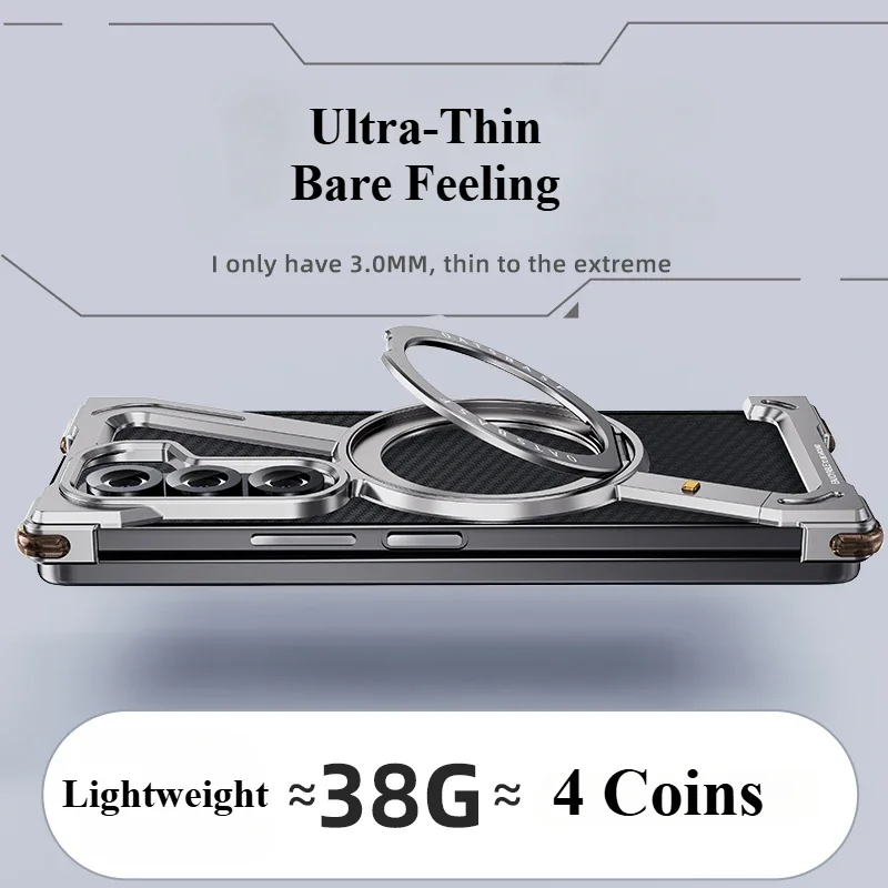 Oatsbasf for Samsung Z Fold 6 5 W24 Metal Phone Case Bezel-less Phone Cover for Samsung Folding Screen Shell w/ Magnetic Stand