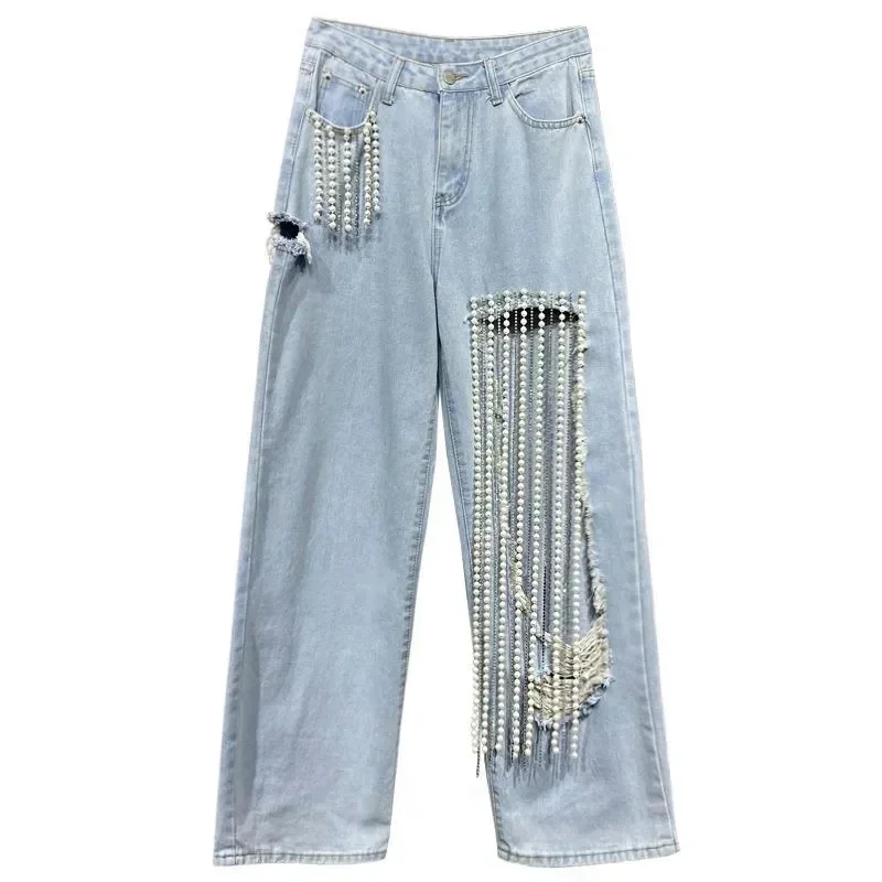 2025 Heavy Industry Pearl Chain Ripped Straight Jeans Women Spring and Summer Street Style Fashion High Waist Loose Jeans Female