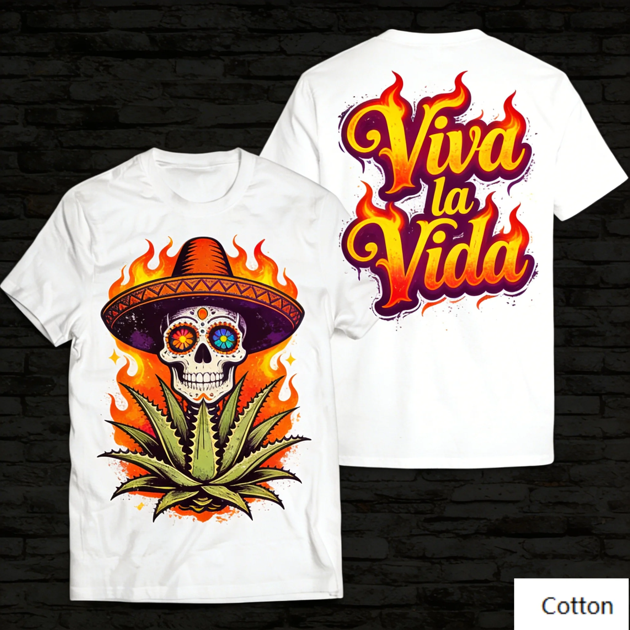 Camiseta Gráfica de Algodão Puro com Caveira Mexicana e Planta Agave, Estampa de Letras Viva La Vida em Tom de Fogo, Estilo Folclórico Mexicano