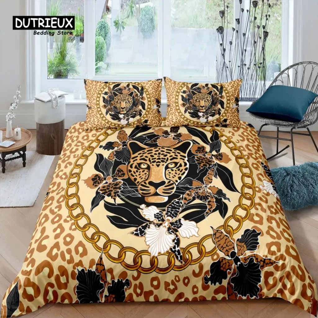Home Living Luxury 3d Golden Chain Leopard Bedding Set Duvet Cover Pillowcase Kids Bedding Set Queen and King EU/US/AU/UK Size