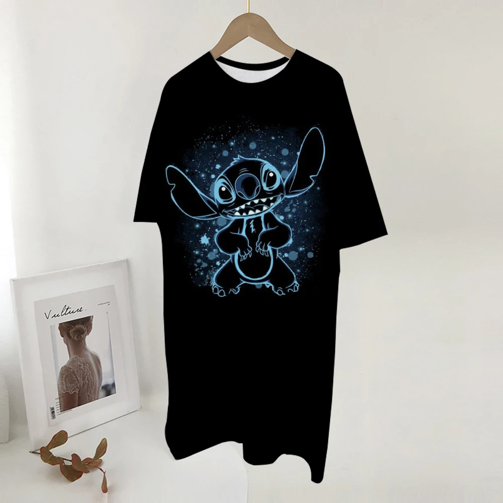 ディズニーステッチプリントドレス女性かわいい漫画半袖 O ネック Tシャツドレスファッション睡眠スカート毎日の基本的なドレッシング