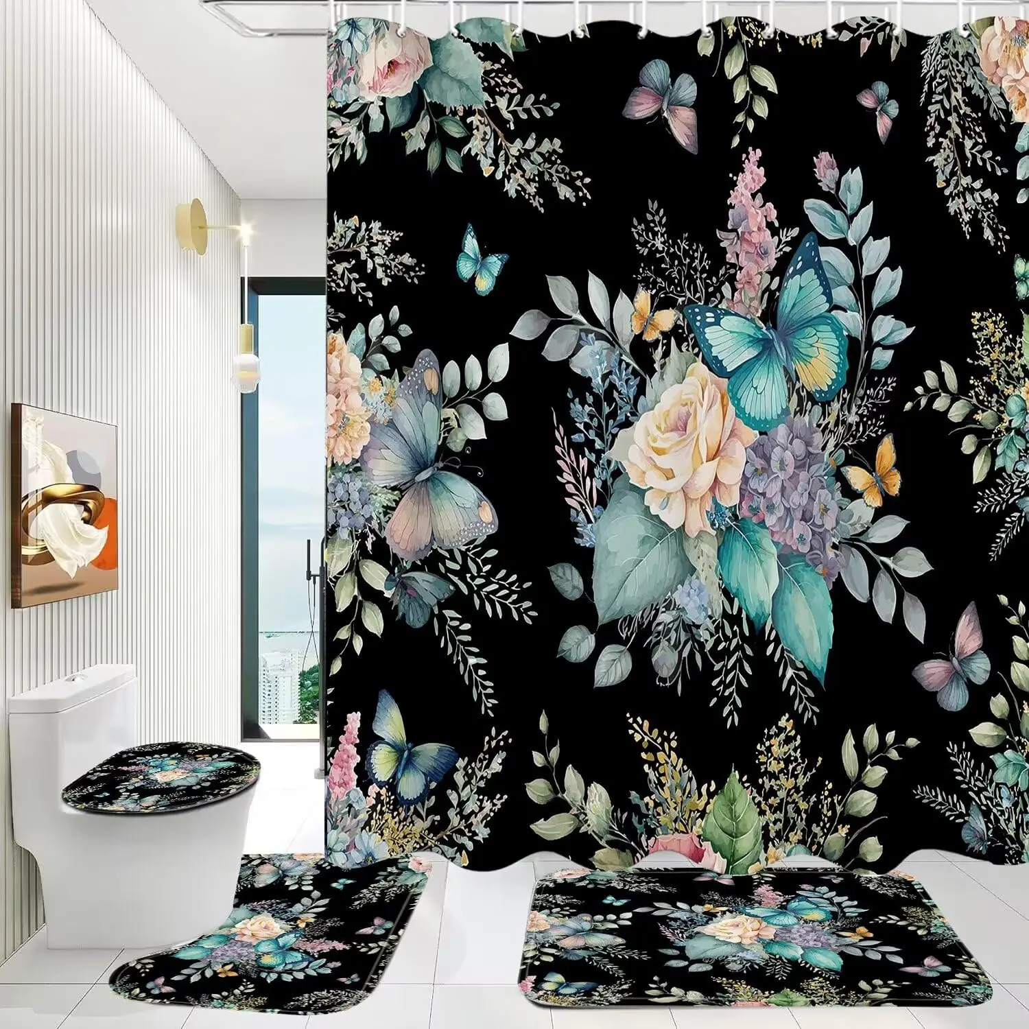 

4 шт., занавеска для душа «Бабочка» с ковровым костюмом, цветочная крышка для унитаза и коврик для ванной комнаты с 12 крючками, украшение для ванной комнаты