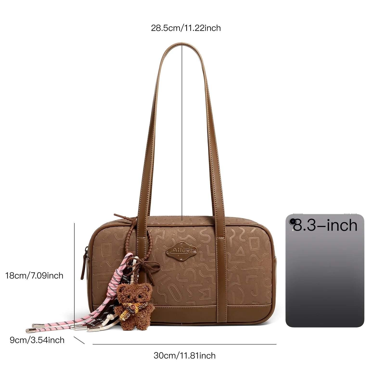 AILUXI Brown Bowling Bag for Women Retro Embossed Commuter Zipper Handbag with Cute Pendent Christmas Gift Ladies Shoulder Bag