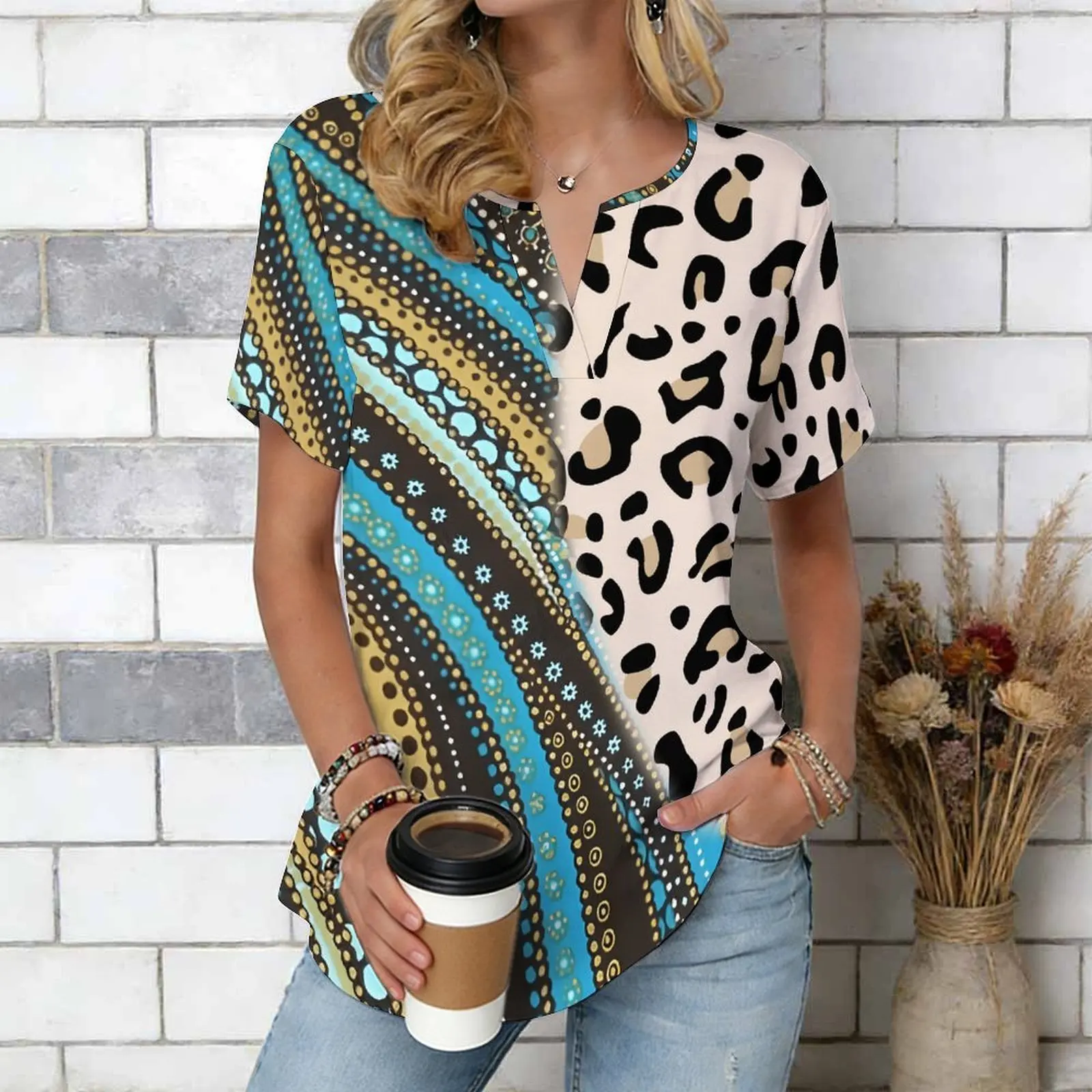 Women Print Notched V Neck Short Sleeve Casual Loose Tunic Tops