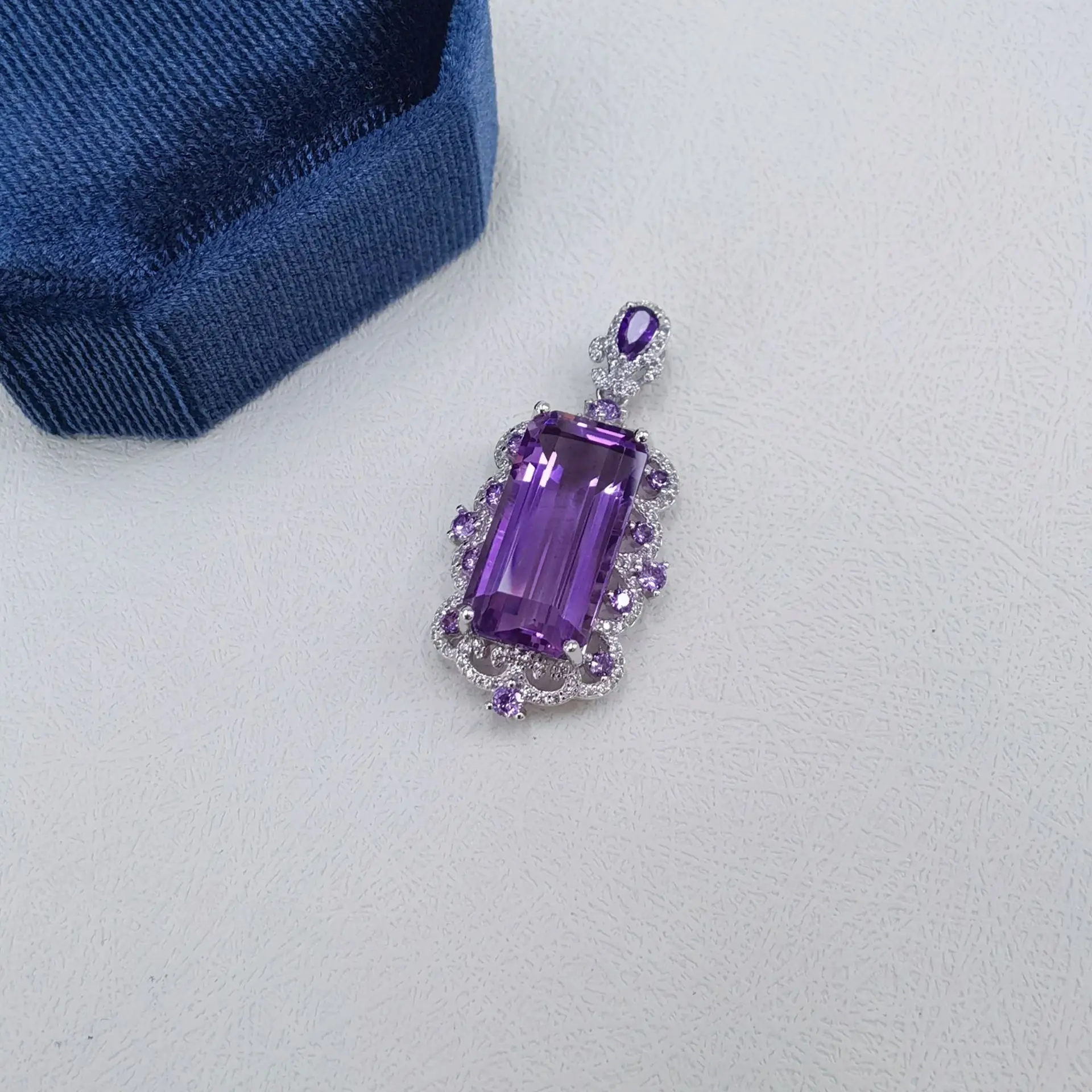 S925 Sterling Silver White Gold Plated Natural Amethyst Pendant,Rectangle Gemstone Charm,Chain Not Included
