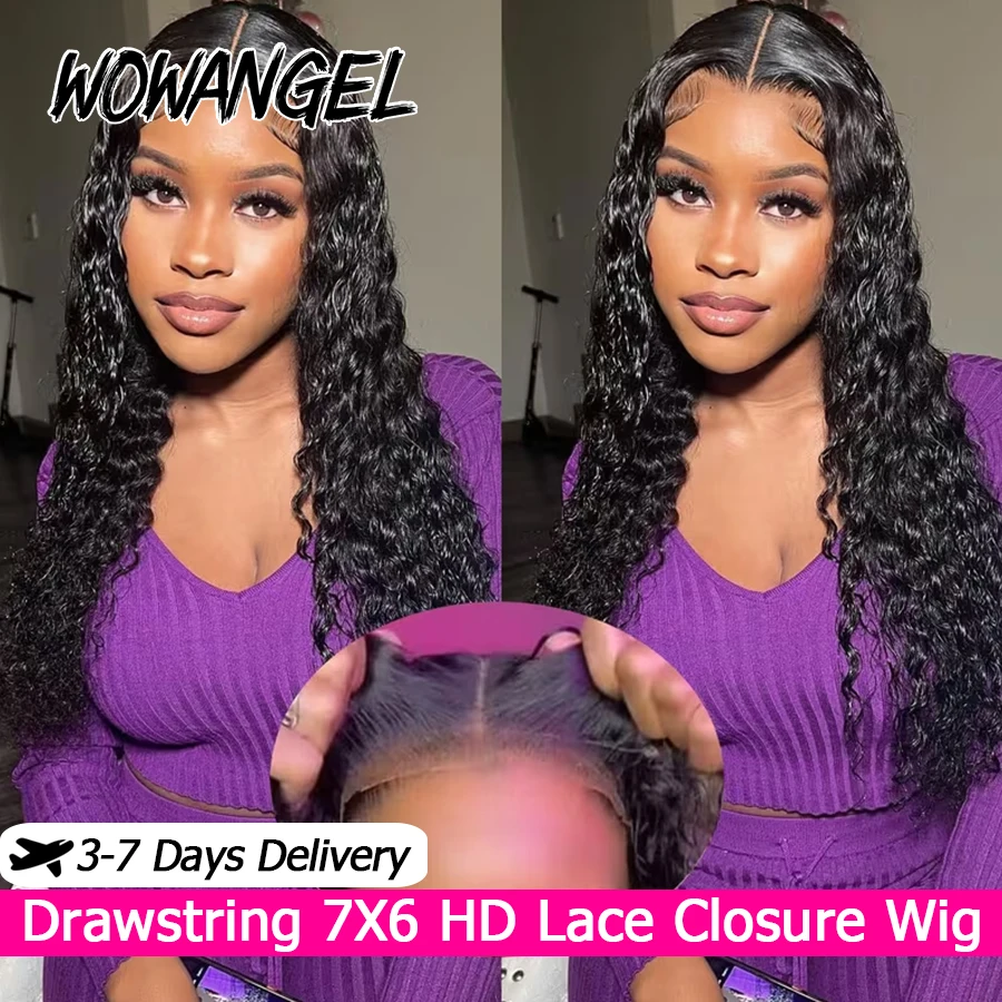 WOWANGEL Bye Bye Knots Water Wave Wigs With Drawstring 7x6 HD Lace Closure Wig 100% Human Hair Pre Plucked Curly Glueless Wigs