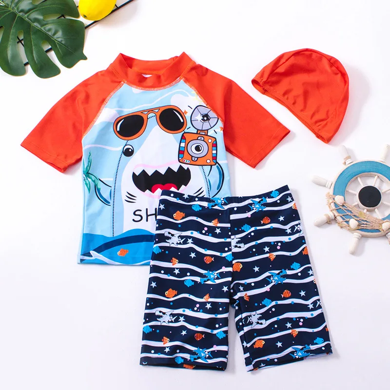 New Children's Swimming Costume Three-Piece Quick-Drying Boy's Split Shark Cartoon Swimming Costume Student Baby Swimming Costum