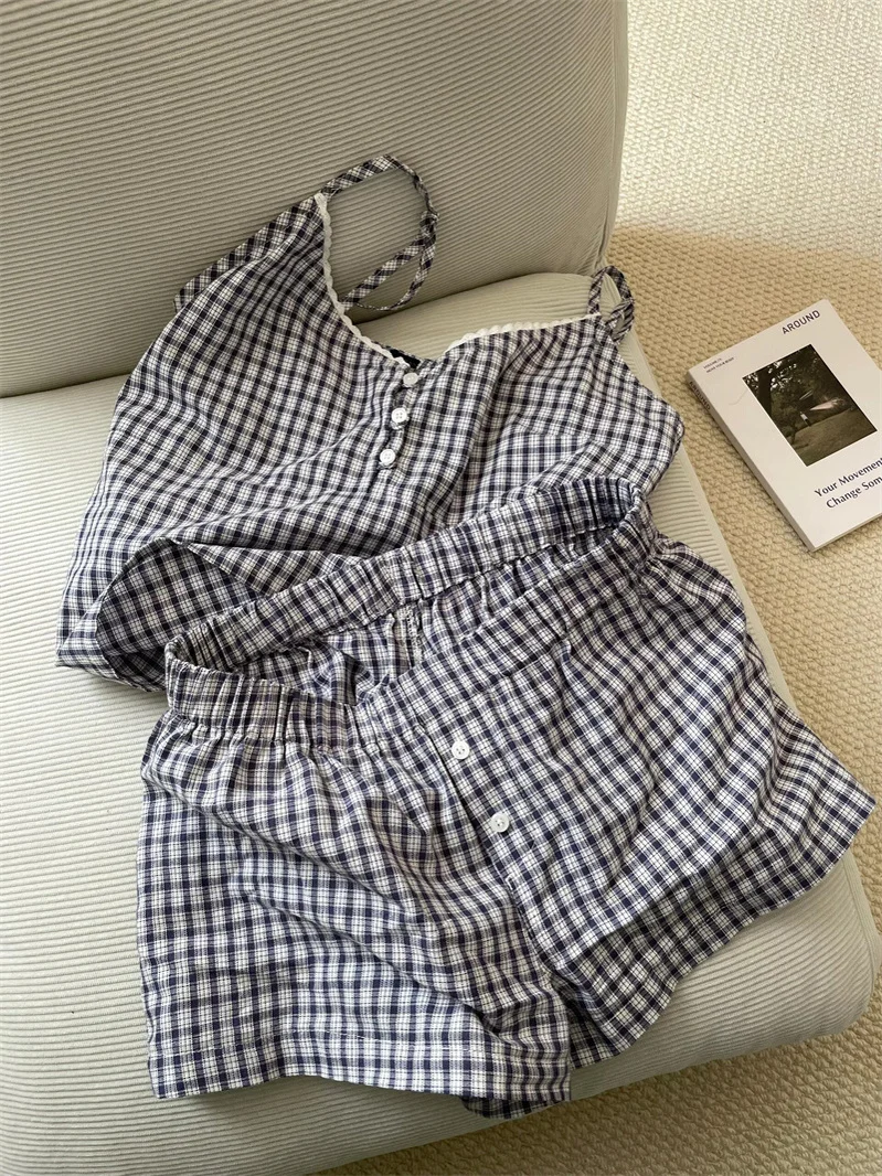 

Girls Plaid Print Strap Spwear Set Summer 2025 New Sle Vest orts Home Clothes Set Sweet Cute Sle Thin Fabric V-ne