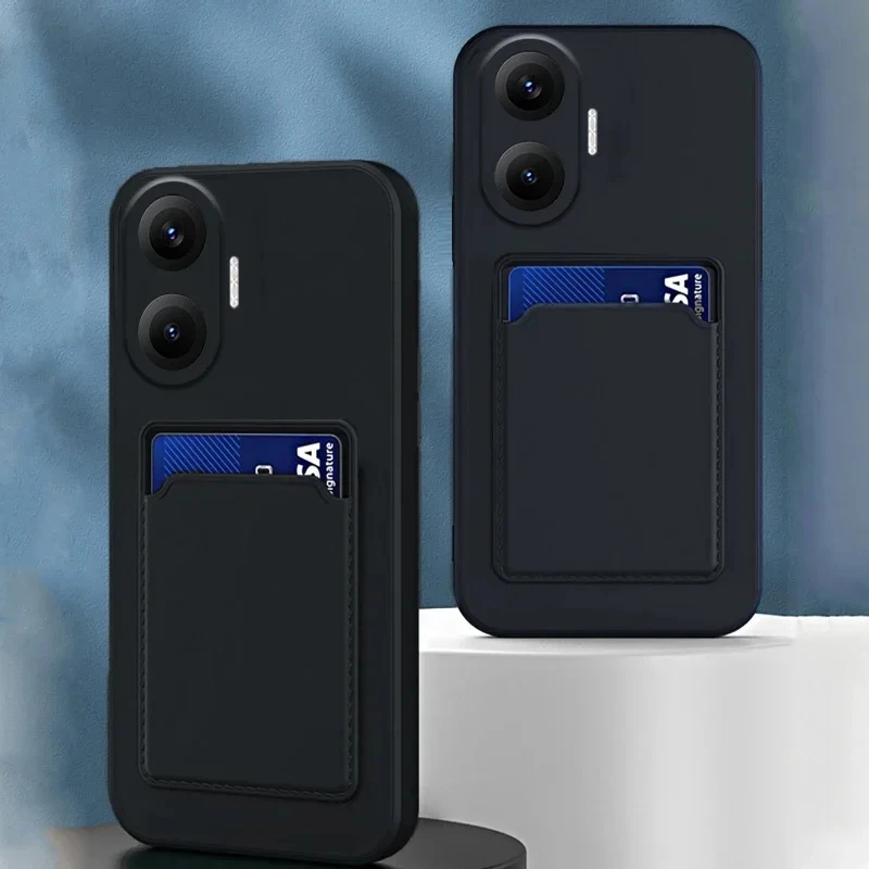 Luxury Wallet Card Holder Phone Case For Poco F7 Ultra F6 M6 Pro Soft Liquid Silicone Cases For Poco X7 X6 X5 X4 X3 Pro Cover