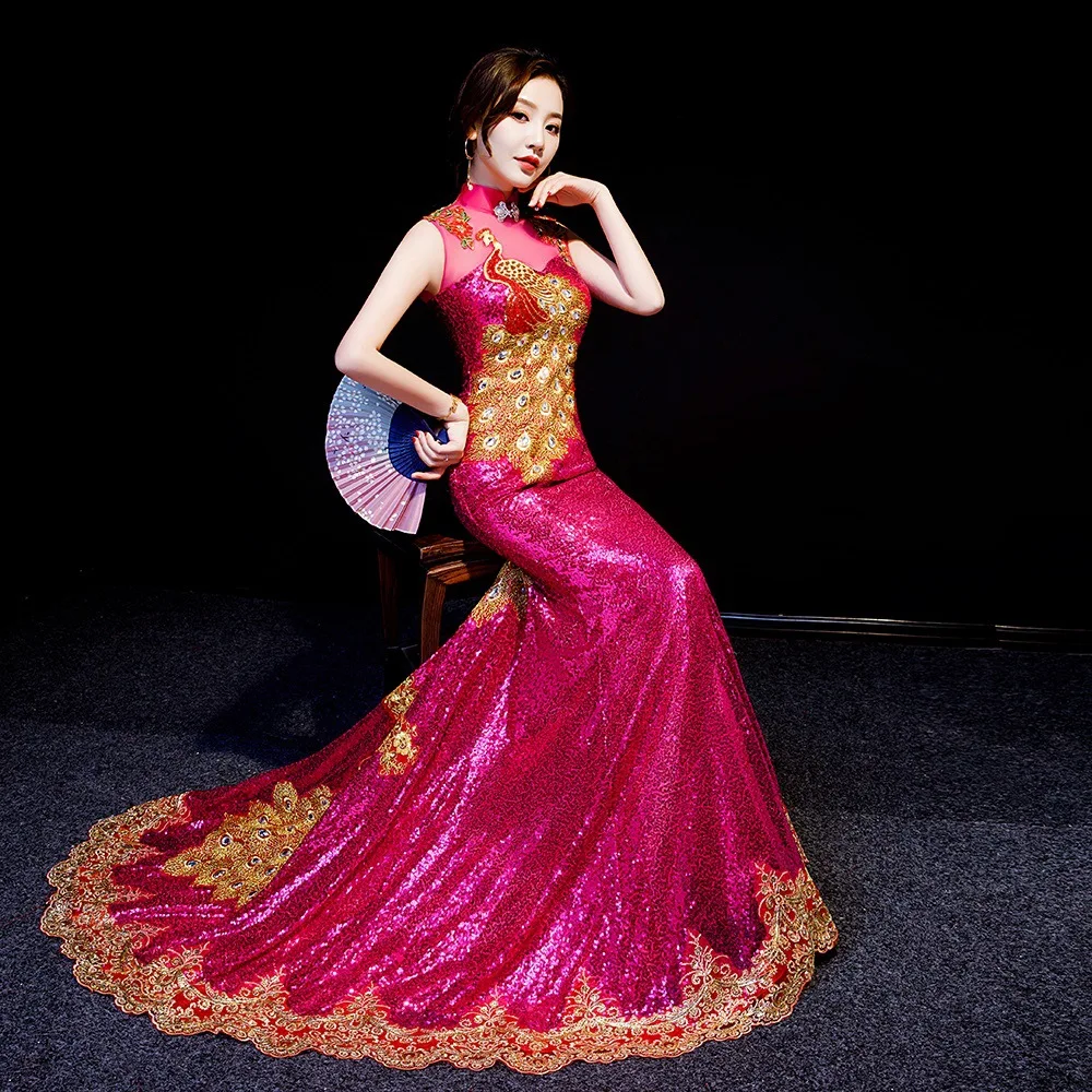 Luxury Tailing Cheongsam Women Fashion Peacock Sequins Qipao Chinese Style Show Dresses Sexy Stage Costumes Sleeveless Vestidos