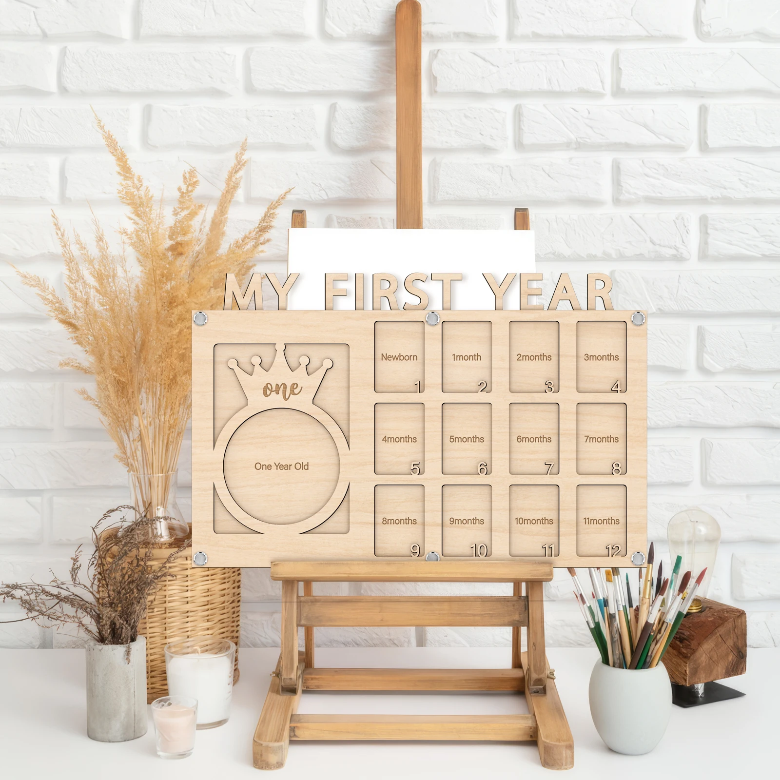 \'My First Year\' 2-Layer Wooden Photo Board with Crown Design – 13 Photo Slots for Baby Milestones from Newborn to 1 Year