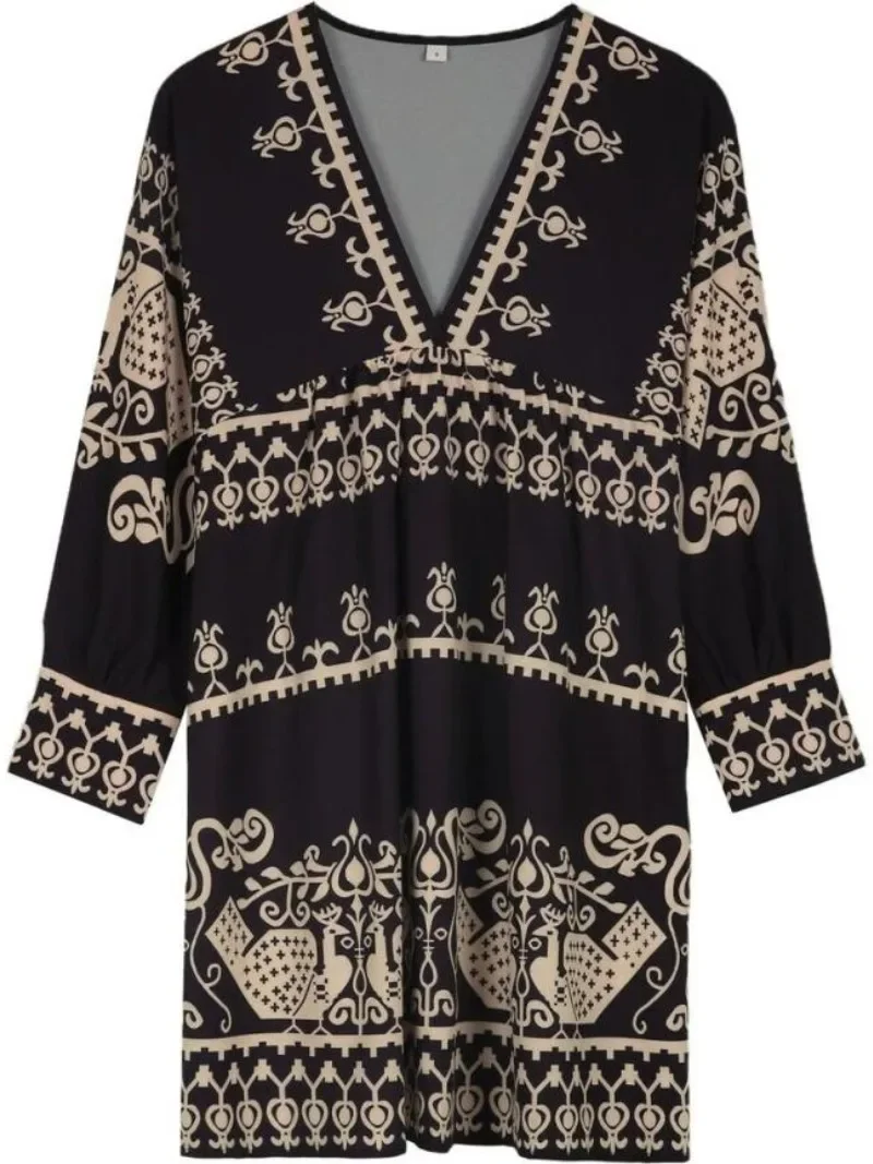 Neue Damen Frühling lose V-Ausschnitt Ganzkörper gedruckt Mode Kurzrock Pullover Langarm Kleid Bodycon Kleid Sommerkleid