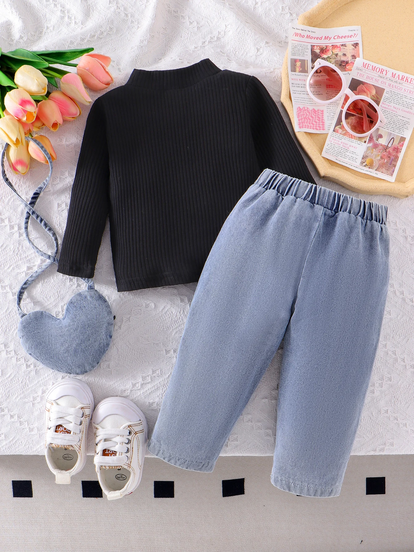 2PCS In Autumn, Comfortable Simple And Fashionable Black Top + Denim Pants + Cross-Body Bag Set For Girls Aged 0-3