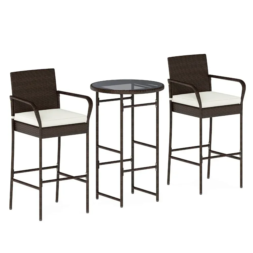 

3 Piece Outdoor Bar Set Heavy-Duty Metal Barstool & Table Set w/ Glass Tabletop