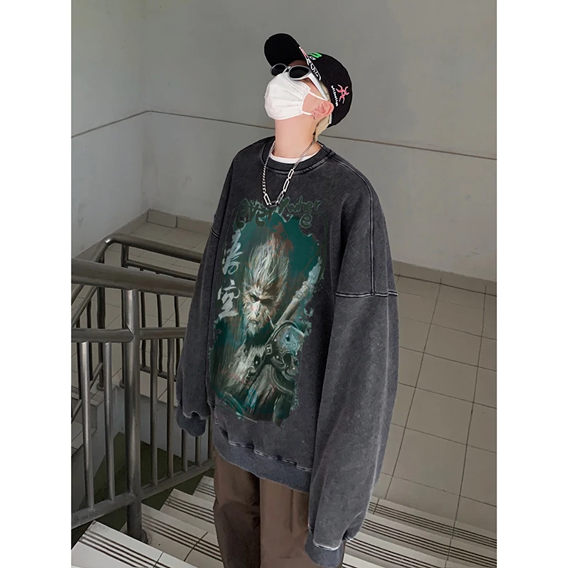 [OIMG] American High Street Trendy Washed Old Black Wukong Graffiti Round Neck Hoodie