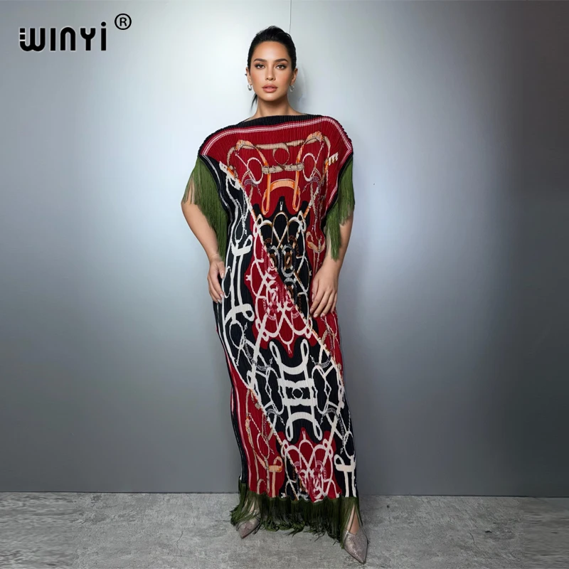 

WINYI Summer Pleated Fringed Elastic slim dress Women crumple Design Loose boho robe holiday evening dress abaya dubai luxury