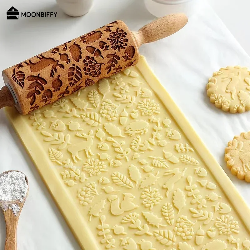 Christmas Rolling Pins Rock Snowflake Elk Wooden Rolling Embossing Baking Cookies Biscuit Fondant Cake Patterned Roller 35*5cm