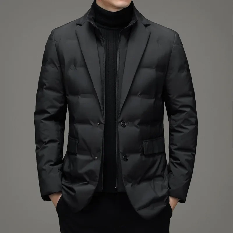 2024 Men's Winter New Fake Two-Piece Warm blazer Business Leisure Warm Stand-up Collar down Jacket