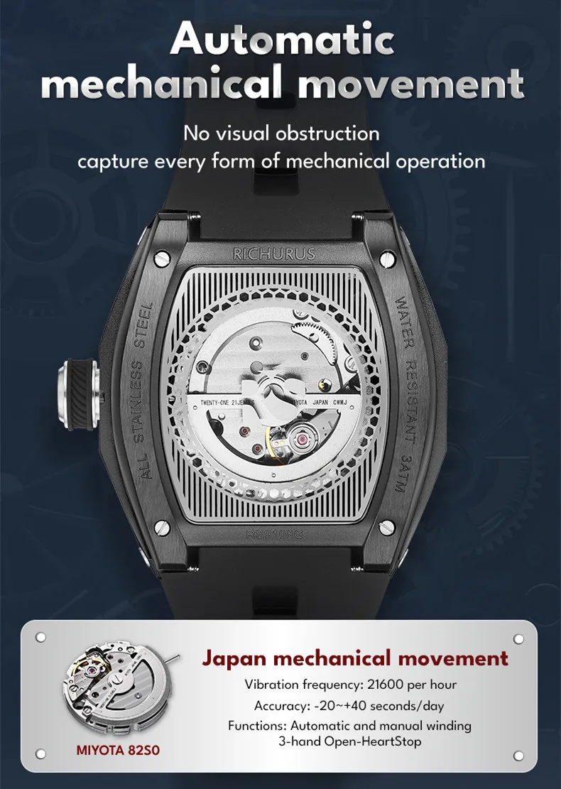 New Automatic Watches Men Sports Wristwatch Japanese Mechanical Movement Stainless Steel Skeleton  Watch Clock Relogio Masculino