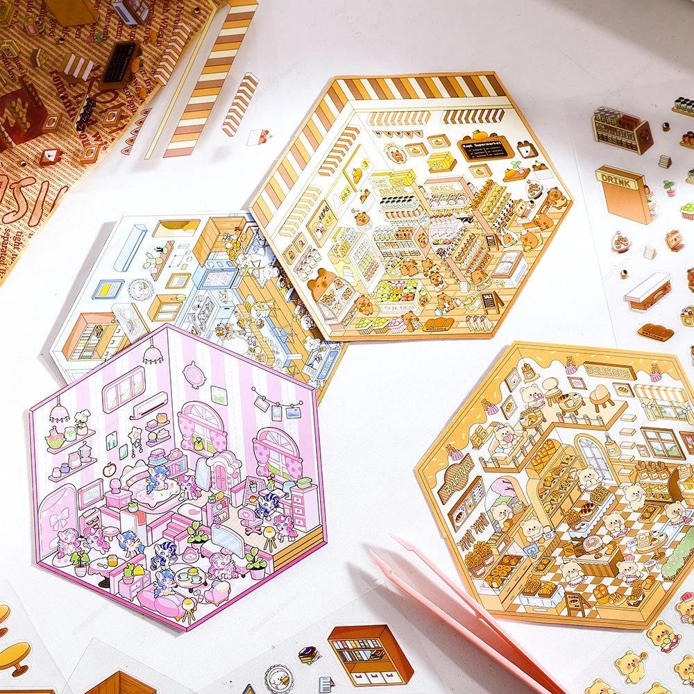 بالجملة! 3D PET ملصق المناظر الطبيعية لطيف الكرتون جيب المشهد DIY المقصورة ملصقات التراص حساب اليد هدية للطفل الطفل