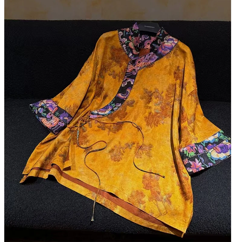 

Early Autumn Chinese Style Stand Collar Rayon Fabric Jacquard + Contrasting Color Spliced Cuffs Elegant And Loose Women's Jacket